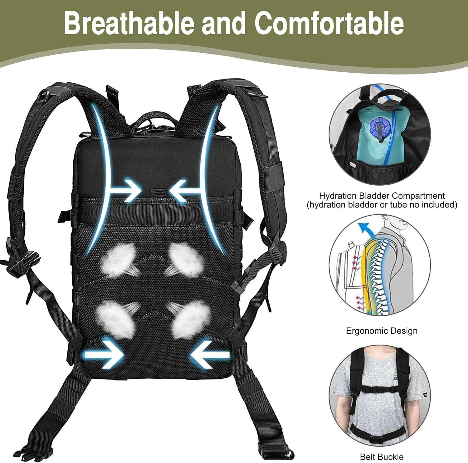 WOLT | 50L Durable Backpack--Durable 900D Nylon with Molle System & Laptop Compartment Large Hiking Backpacks Black