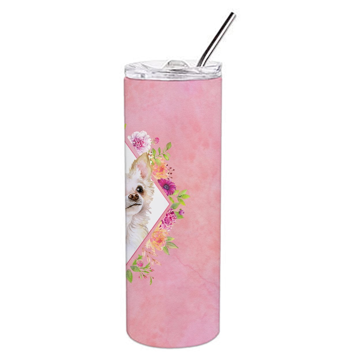 Long Hair Chihuahua Pink Flowers Double Walled Stainless Steel 20 oz Skinny Tumbler