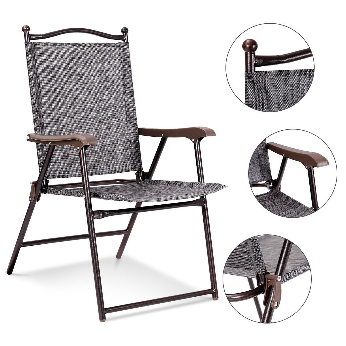 Costway Set of 2 Patio Folding Sling Back Chairs Camping Deck Garden Beach Gray - image 5 of 9