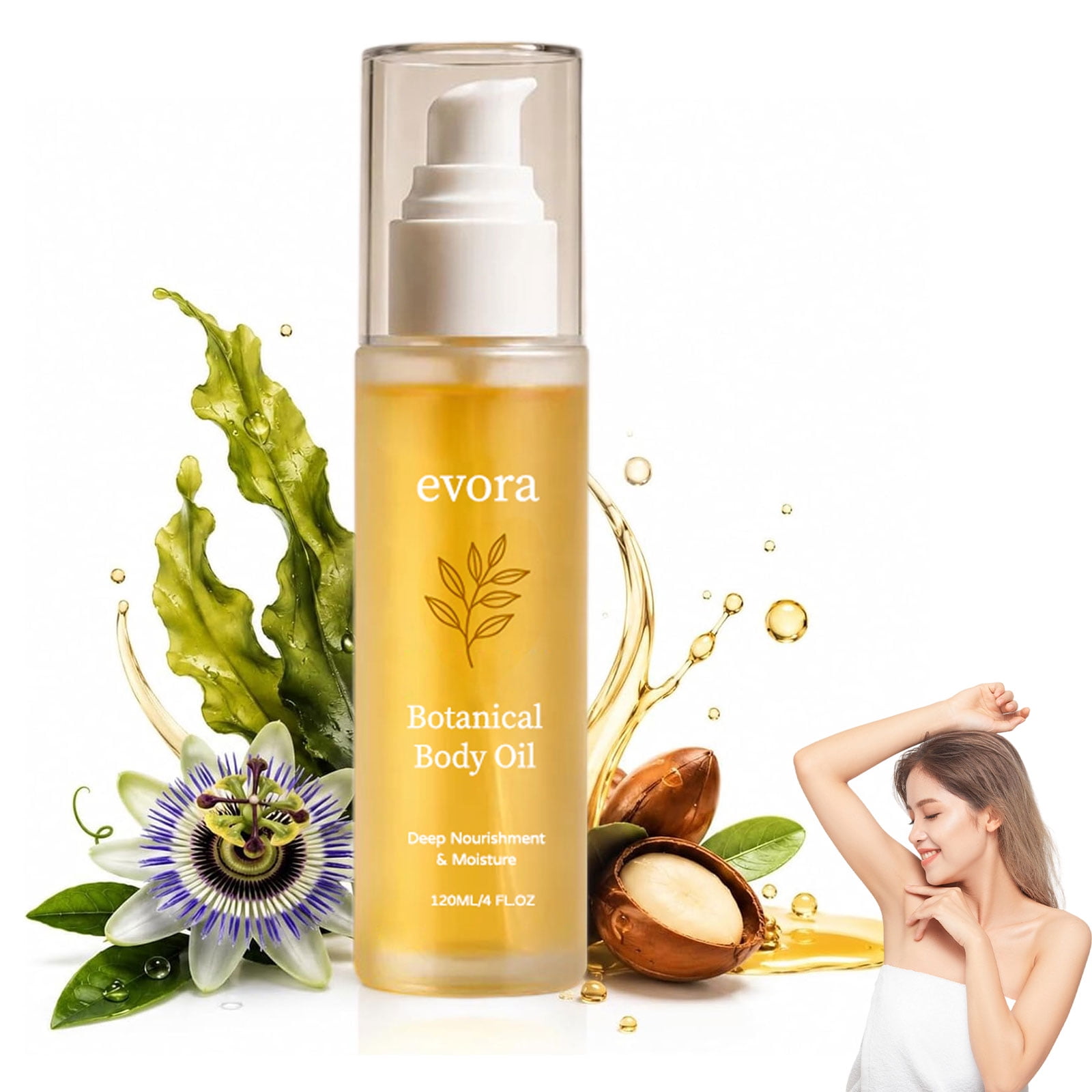 Evora Botanical Body Oil with Wakame Algae, Brazil Nut & Passionflower Seed Oils, Lightweight Massage Oil for Soft, Smooth Skin, 4 fl oz (1 Pc)