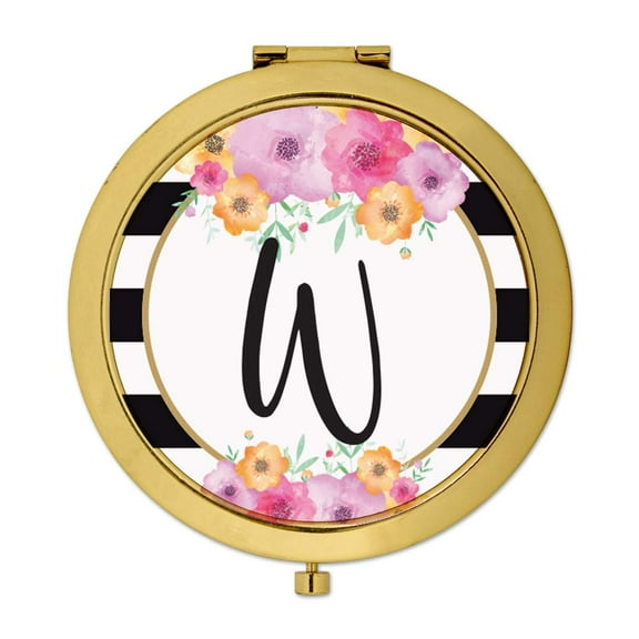 Koyal Wholesale Compact Mirror Bridesmaid's Wedding Gift, Gold, Monogram Letter W, Modern Black White Stripes , 1-Pack