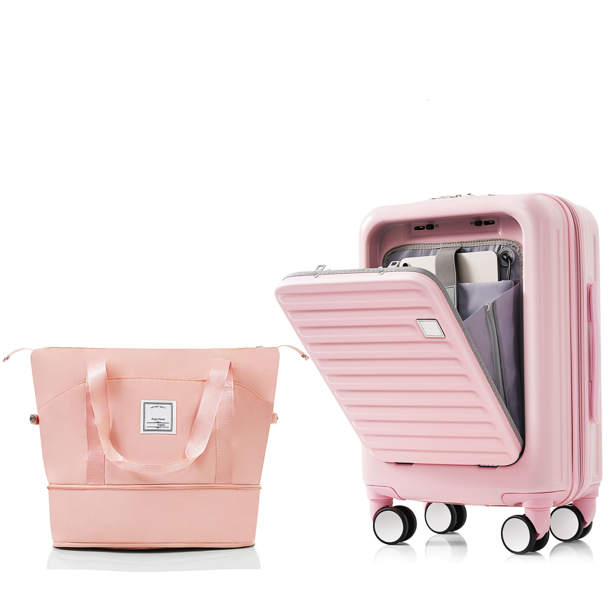 LoLado Front Opening 20in Carry-on Luggage with Expandable Travel Bag Set, ABS Hard Shell Two-piece Travel Suitcase Set with USB Port, Cup Holder, Pink