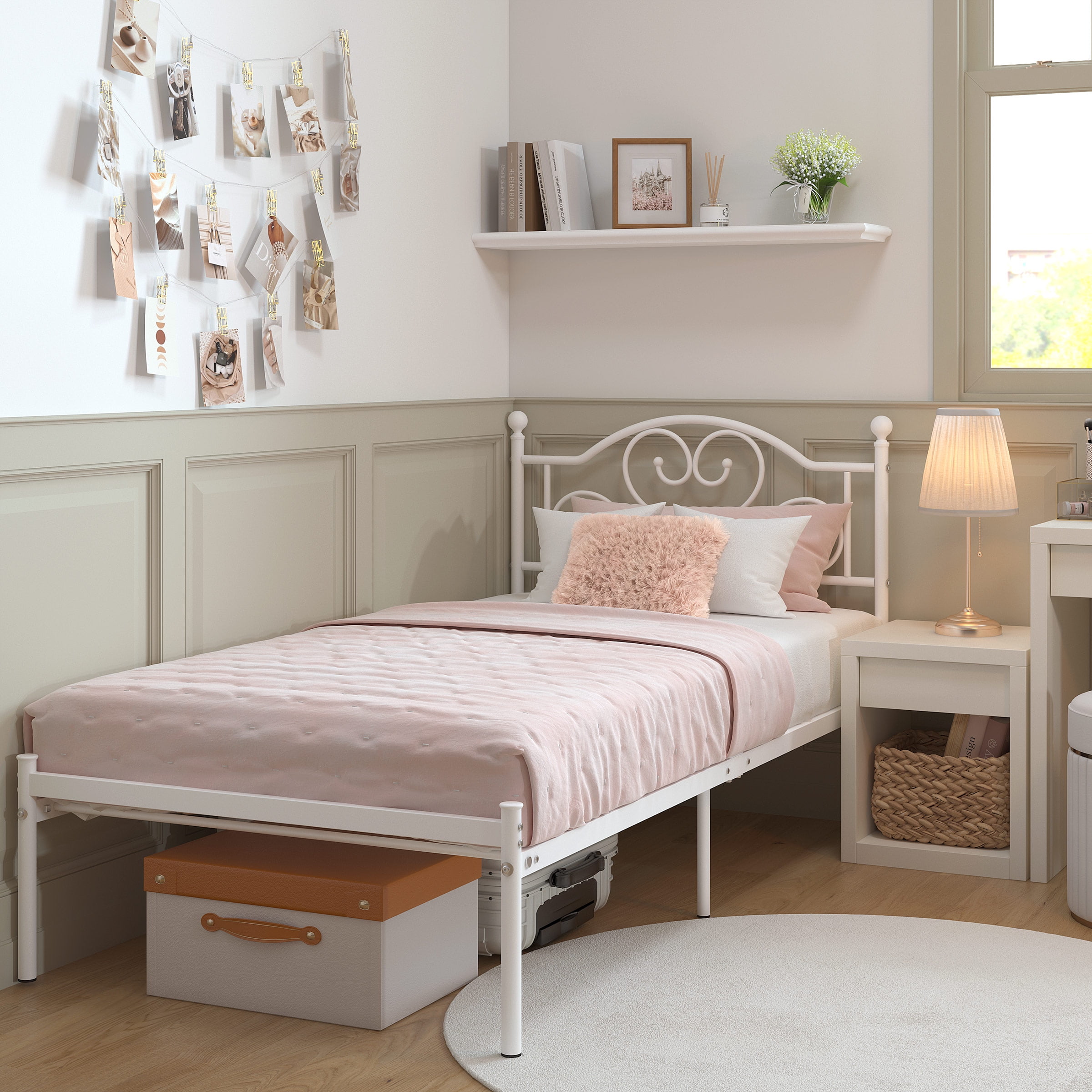 Yoneston 12” Twin Heavy Duty Metal Platform Bed Frame with Love-Heart Shape Headboard for Girls Bedroom Furniture, White