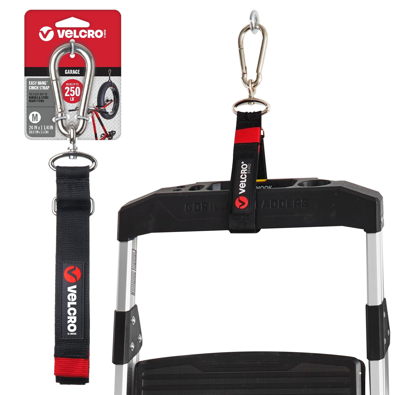 RGHJAR-Velcro Brand Easy Hang Heavy Duty Cinch Strap with Carabiner Hook – Garage & Outdoor Organizer, Holds 250 lbs, 24in x 1.25in