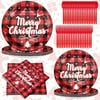 Luoximo100 Pcs Christmas Red and Black Plaid Party Supplies Black and Red Plaid Plates Napkins Forks Spoons Set Disposable Buffalo Plaid Party Kit for Christmas (Plaid Style)