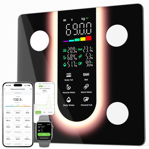 WisaKey Smart Weight Scale,Digital Bathroom Scale with BMI, Body Fat, Muscle Mass, Multiple Metrics, Large LED Display, Bluetooth, 400lb Capacity for Home Health