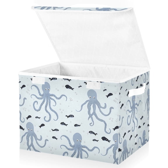 Yayeee Collapsible Cube Storage Bin with Lid Fabric Closet Decorative Basket with Handles, Blue Octopus Pattern
