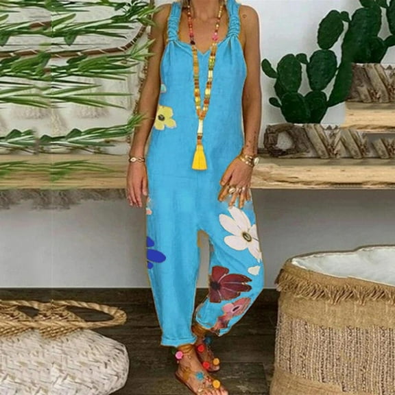 Munlar Yoga Jumpsuit,Printing Cotton Hemp Long Trousers Pocket Overalls Casual Rompe Christmas Jumpsuit for Women