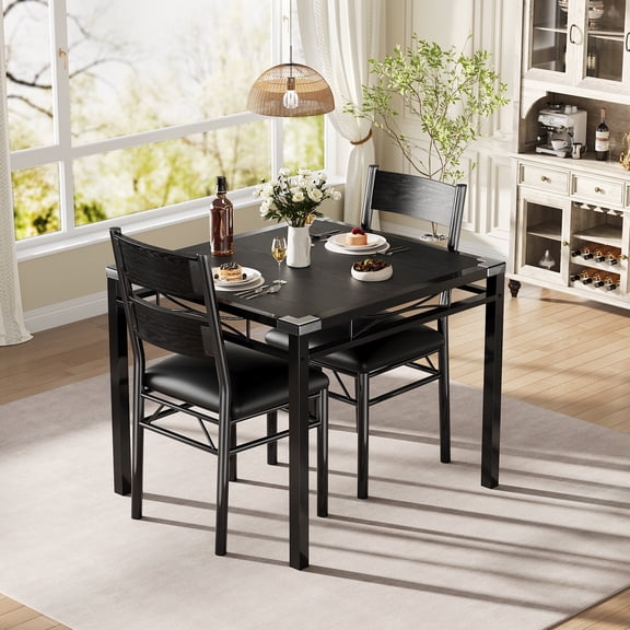 3 PCS Dining Table Set with 2 Upholstered Chairs & Corner Protectors, Wood Kitchen Table Set for Kitchen, Apartment, Small Space, Retro Black