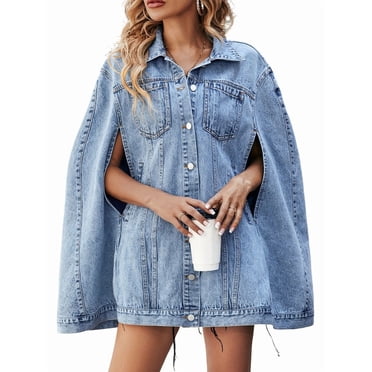 Denim Jacket for Women Poncho Cape Style Jean Jackets Loose Outerwear Blue L