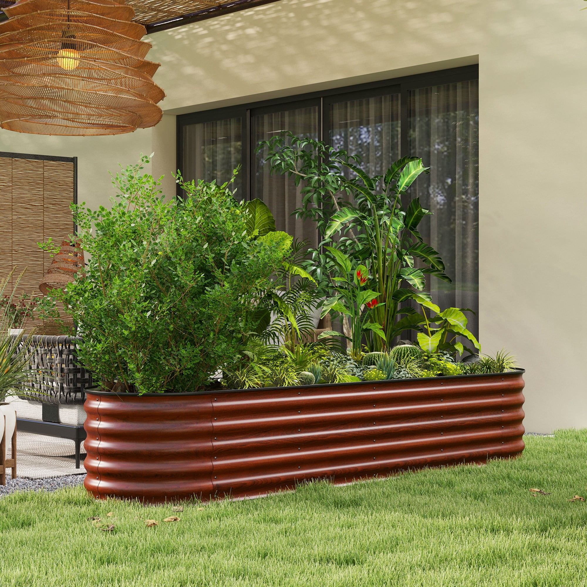 8x2x1.4 Ft Galvanized Raised Garden Bed Kit Brown Outdoor Metal Planter Box with Safety Edging Open Bottom Modular Design for Flowers Herbs Vegetables