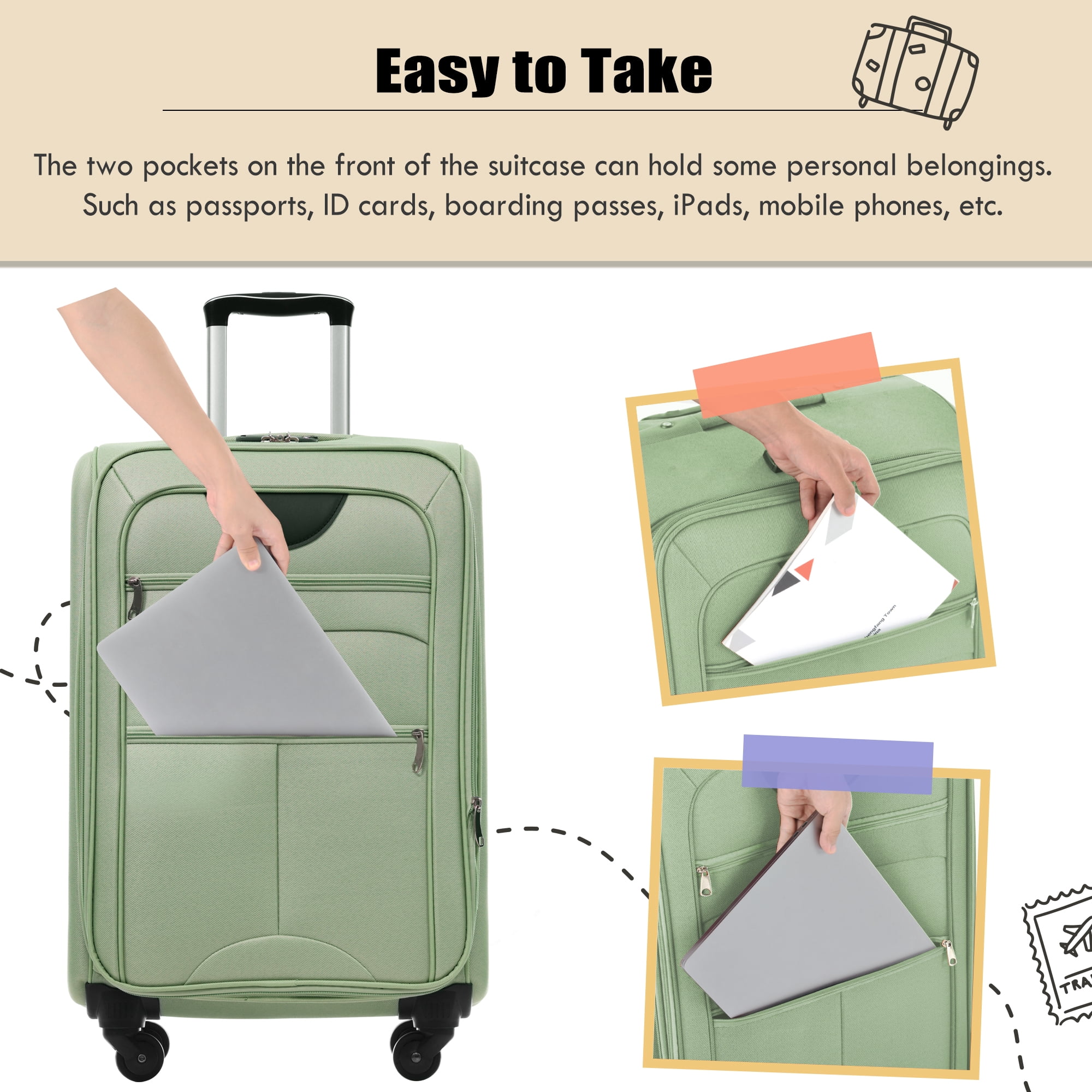 Euroco 5 Piece Softside Luggage Set,Expandable Suitcase Set with Duffel Bag,TSA Lock and Spinner Wheels,Lightweight Travel Suitcase for Men Women,Light Green