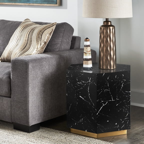 Weston Home Declan Hexagon Faux Marble End Table, Black