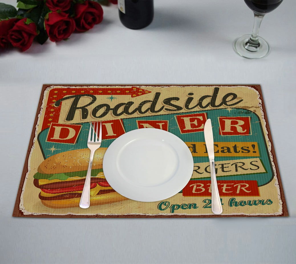 Eczjnt vintage roadside diner metal sign placemat table mat cup mat ECZJNT Vintage Roadside Diner metal sign Placemat Table Mat Cup Mat