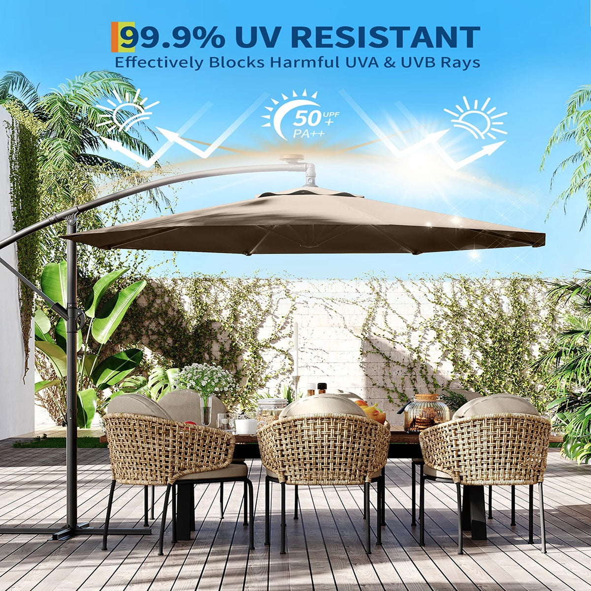 Danolapsi 10FT Offset Patio Umbrella, Hanging Cantilever Umbrella with 360 Rotating Base Outdoor Sun Shade with Easy Tilt Adjustment, 8 Ribs, UV Protection for Backyard, Lawn, Garden and Pool