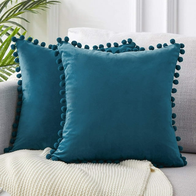 Dinheiro Topfinel 2er Set Samt Kissen mit Pompoms Einfarbig Weihnachten Kissenbezüge Dekorative Kissenhülle Kopfkissen Sitzkissen Dekokissen Couchkisen für Sofa Schlafzimmer Büro Auto 40X40cm Rosa