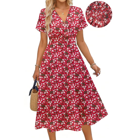 UVN Women Summer Dresses Short Sleeve V Neck A-Line Midi Dress Ladies Boho Beach Floral Print Sundress