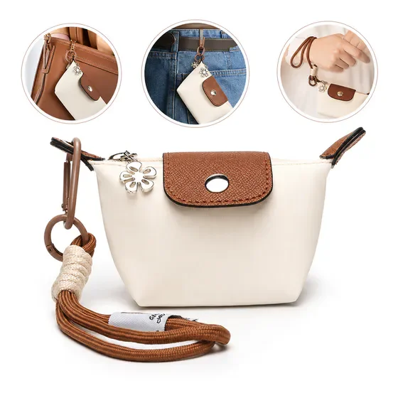 Coin Purse for Women, Mini Nylon Change Purse with Keychain, Small Zip Pouch for Coins, Cash, Cards, Beige