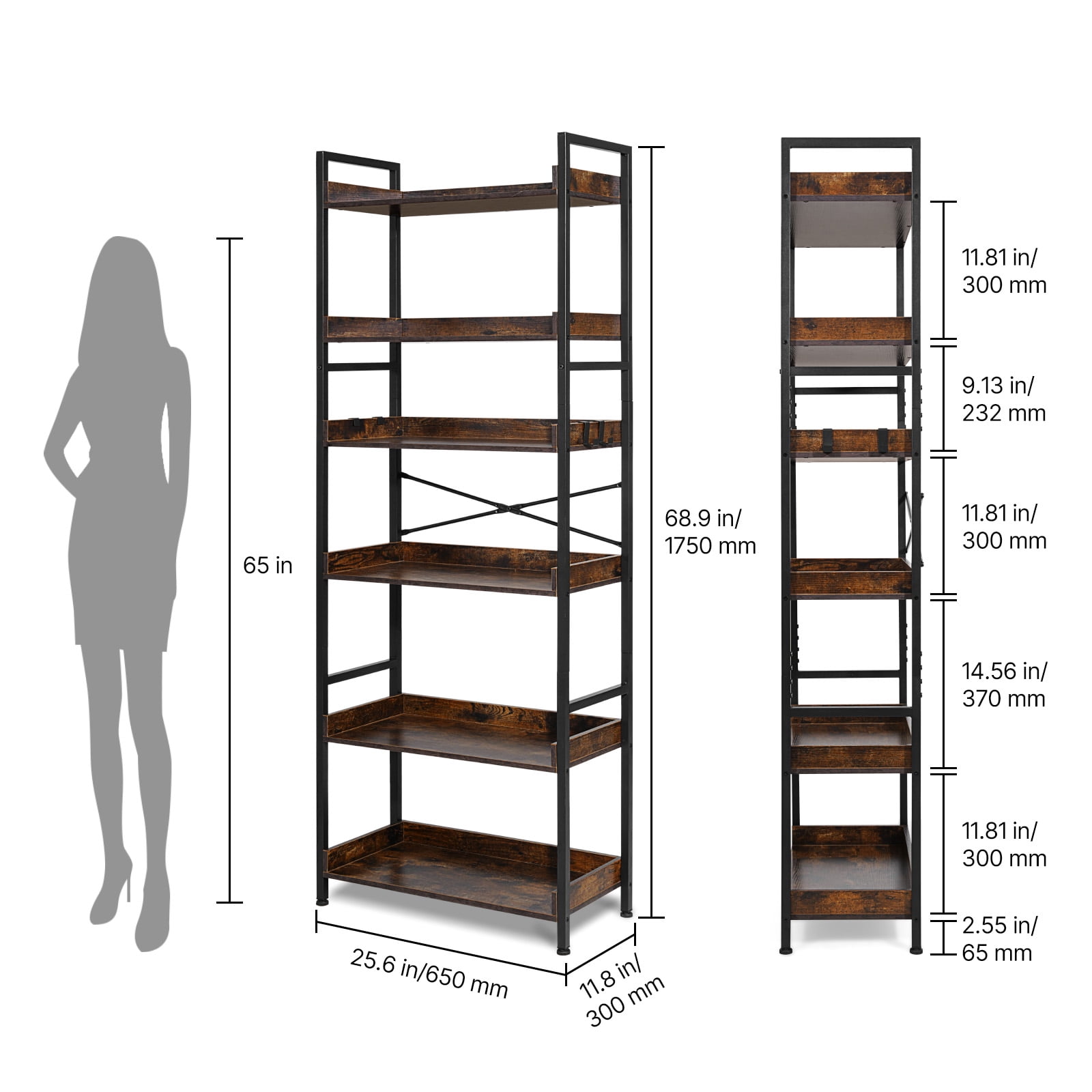 KFFKFF Industrial 6-Tier Bookshelf, Vintage Ladder-Style Shelf with Metal Frame, Open Shelving Unit for Living Room, Bedroom, Kitchen, Home Office, Rustic Brown