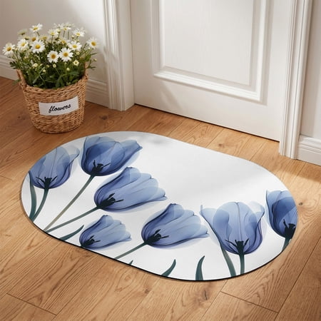 Front Door Mat Outside Entrance 18 x30 Blue Tulip Flower Absorbent Doormat Indoor Entrance with Non-Slip Backing Rubber Low-Profile Welcome Mat for Entryway Vintage Spring Plant Floral Botanical