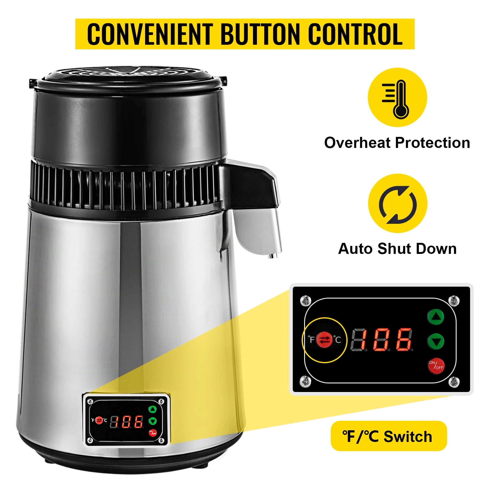 1.1 Gallon/4L Water Distiller Countertop 750W 304 Stainless Steel Distilled Water Maker Machine with Glass Carafe, Home Pure Clean Water Device
