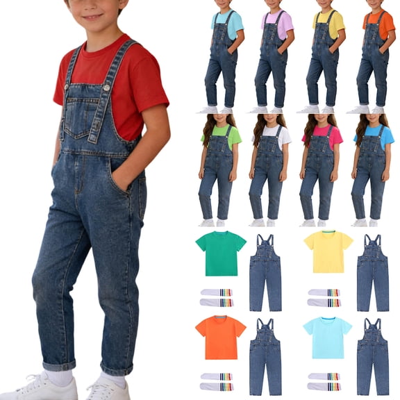 Bovxnpu Toddler Kids Boys Girls Unisex Solid T Shirt Denim Overalls Socks Short Sleeve Outfit Set