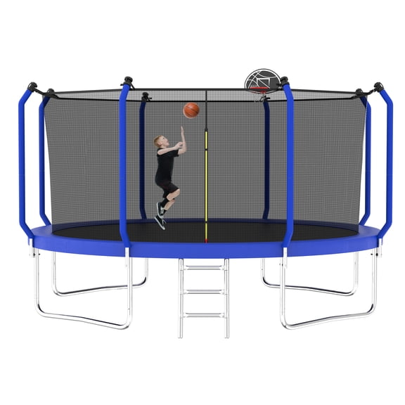 Leumius 14ft Trampoline for Kids and Adults,Heavy Duty Outdoor Trampoline with Basketball Hoop,Enclosure Net and Ladder,Upgraded Kids Recreational Trampoline,Blue