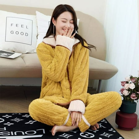 

CoCopeaunt 2 Piece Winter Women Pajamas set Sweet Thick Flannel Long Homewear Sleep Lounge Velvet Pajama Female Pyjama