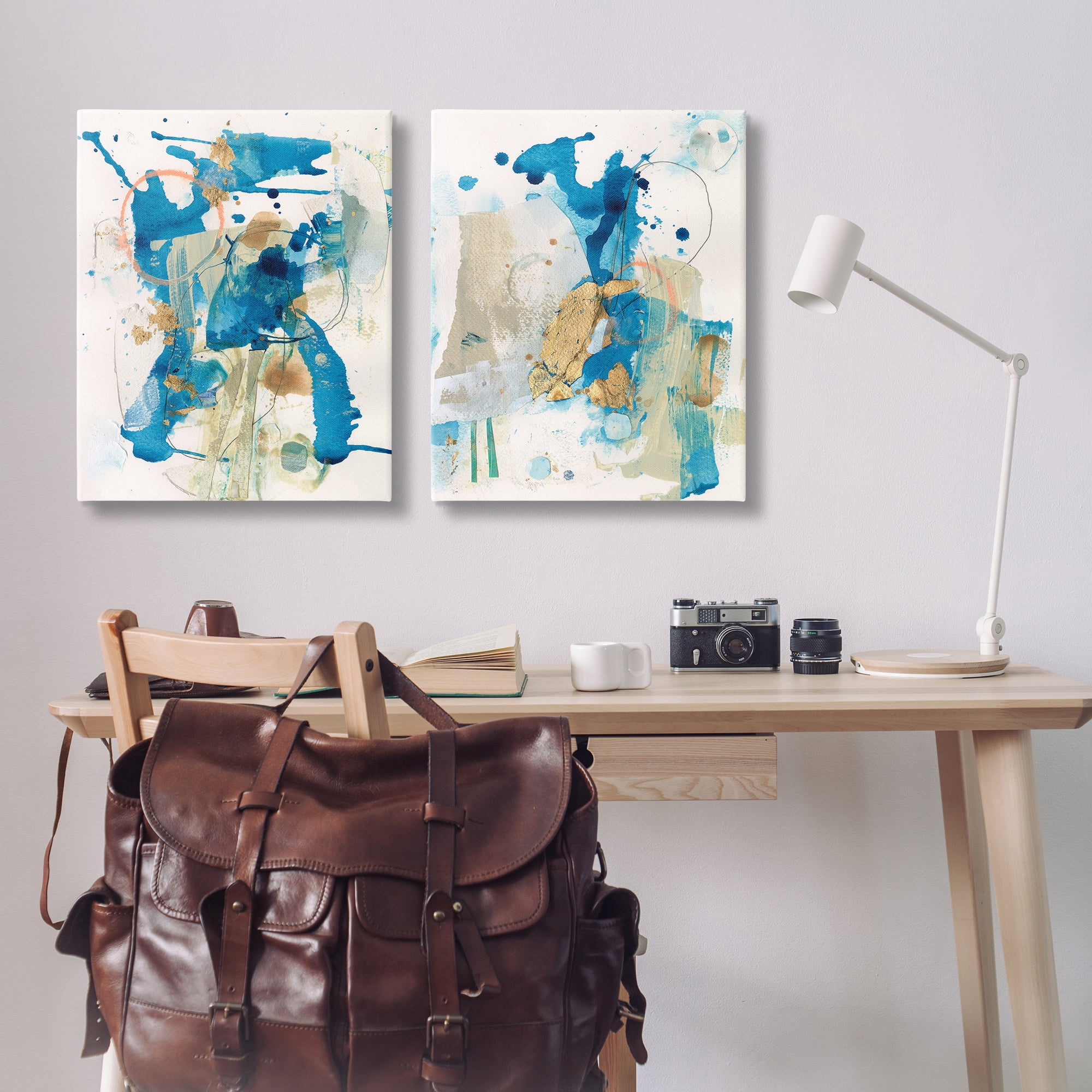 Stupell Industries Abstract Blue Gold Splash Abstract Painting Wrapped Canvas Art Print Wall Art, 24 x 30, Set of 2