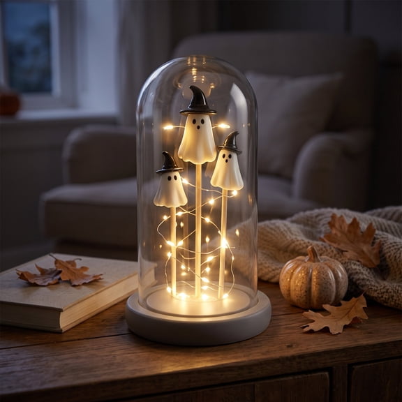 Halloween Ghost Decor Light with Clear Cover, 3 Mini Ghost Figurines Light Up Dome Lamp, Light Up Ghost in Glass Cloche Decor for Indoor Party Home Table Room Kitchen Fireplace Decorations (A)