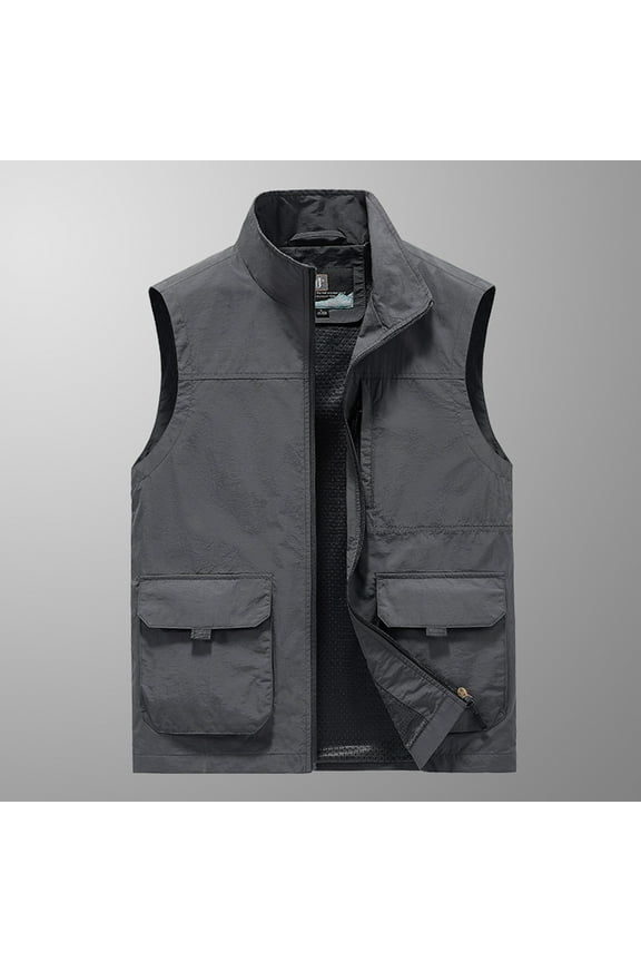Men's Workwear Vest Solid Color Thin Stand Collar Sleeveless Jacket Cargo Tank Tops with Pocket Gray