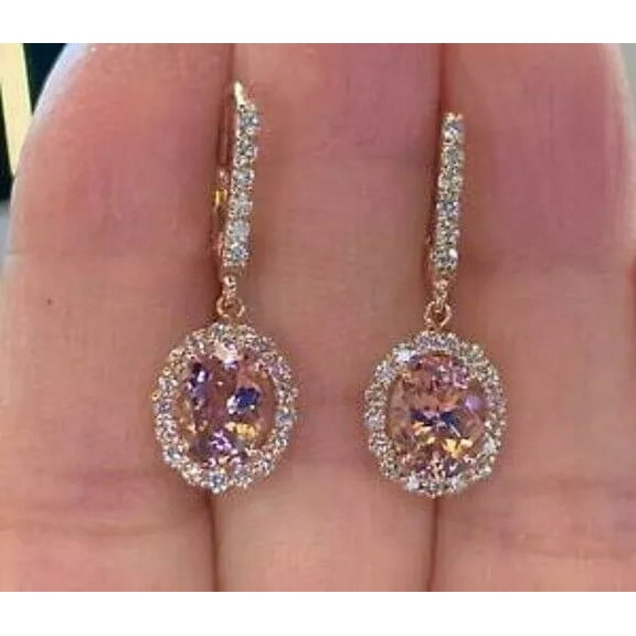 14K Rose Gold Plated 4TCW Oval Cut Morganite Lever back Halo Drop Dangle Earrings For Women's