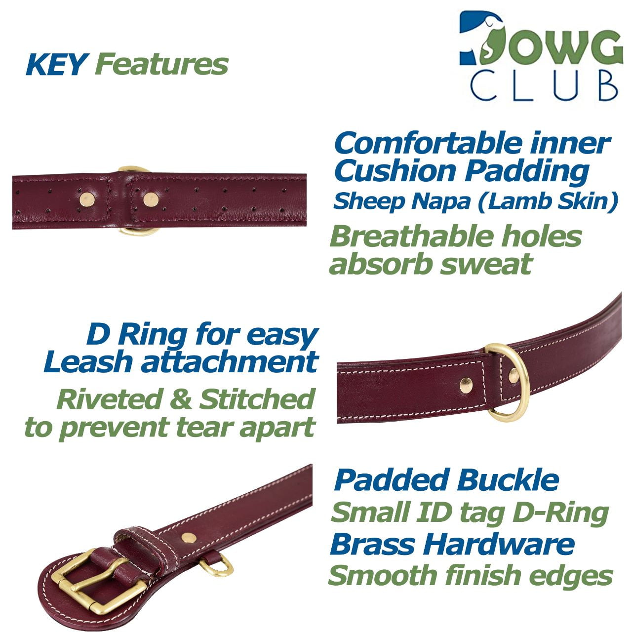 DowgClub Genuine Leather Dog Collar, Padded & Comfortable, Breathable Cushion, Heavy Duty, Handmade, Cherry (Large)