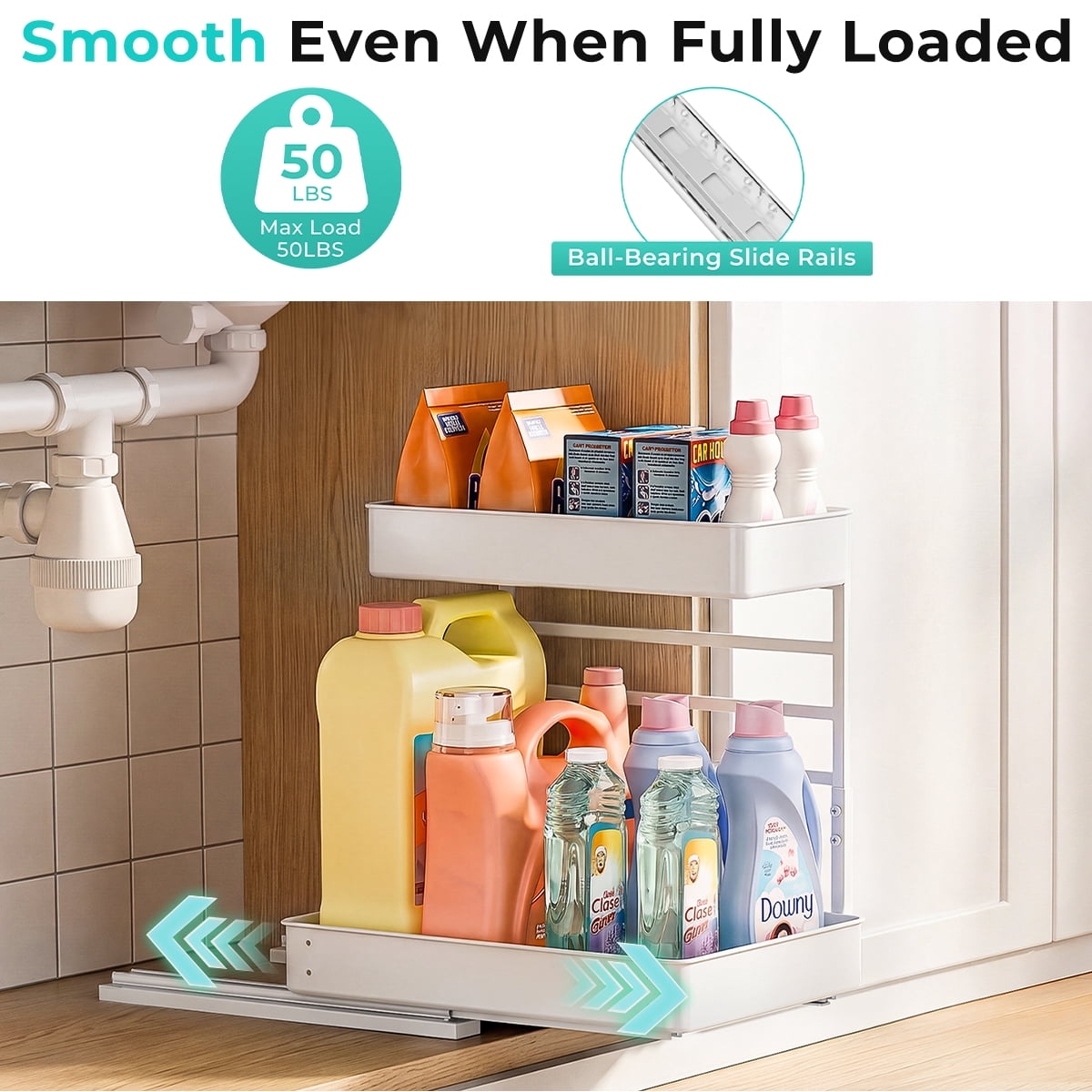Everie Adjustable 2-Tier Pull Out Under Sink Organizer Big Capacity Heavy Duty Metal Slide Shelf for Kitchen Bathroom Cabinet(White 2-Pack)