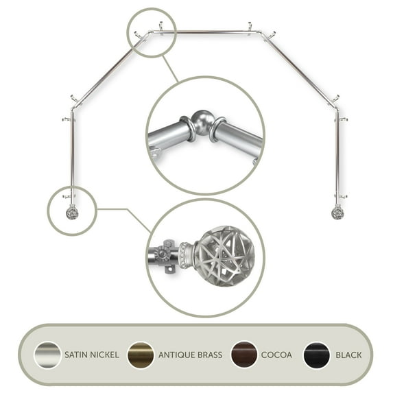 3/4" Dia Adjustable 5 Sided Bay Window Curtain Rod 28 to 48" (each side) in Satin Nickel with Matthias Finials,(5Bay-88-5)