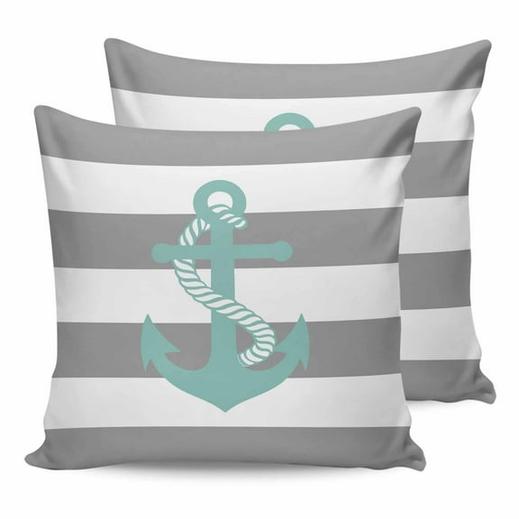 Outdoor Waterproof Throw Pillow Covers Set of 2 Teal Anchor Decorative Pillowcases Square Outdoor Pillows Cushion Case 16x16 Inch Grey Stripes Patio Pillows for Couch Sofa Bed Garden