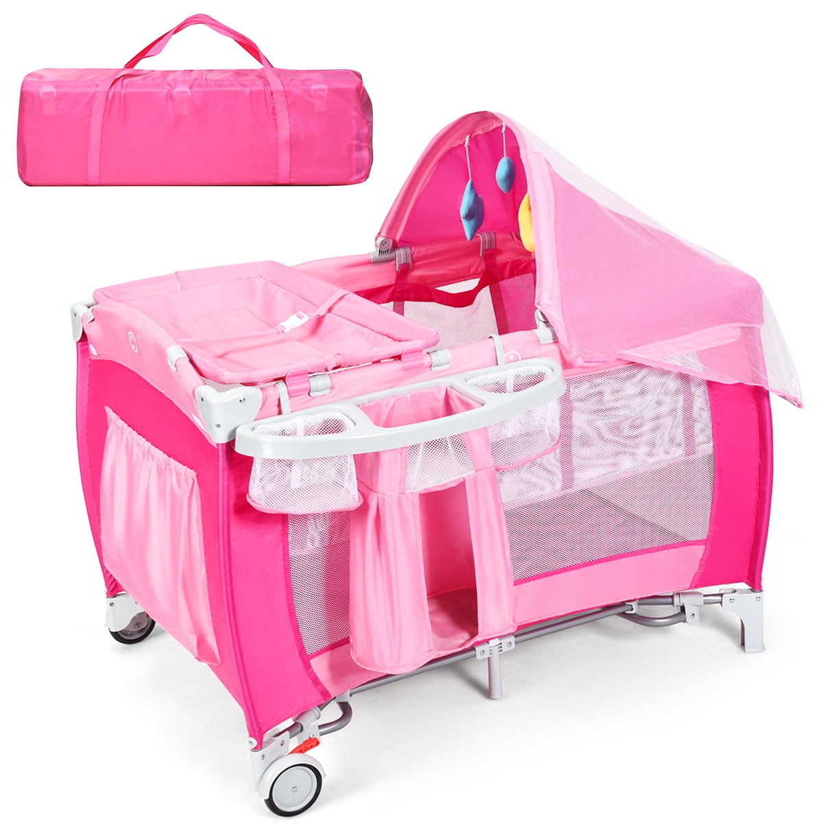 Pink Baby Crib Playpen Playard Pack Travel Infant Bassinet Bed Foldable 