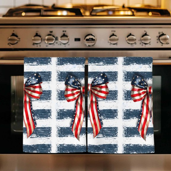 Thin Navy Lines Kitchen Towels Set of 3, Patriotic Bow Vintage Distressed Striped Absorbent Dish Towels for Kitchen, Microfiber Hand Towel, Quick Drying Tea Towel for Cleaning Decorative Dishcloths