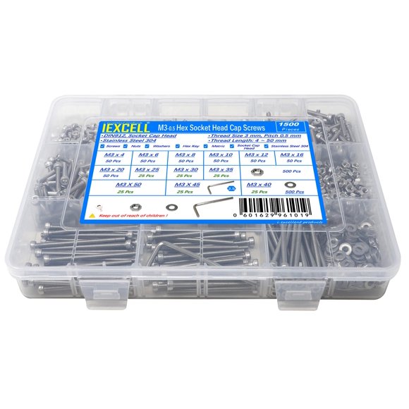 Iexcell 1500 piezas M3 x 4/6/8/10/12/16/20/25/30/35/40/45/50 Acero inoxidable 304 Tornillos de cabeza hueca hexagonal Blots Tuercas Arandelas Kit surtido