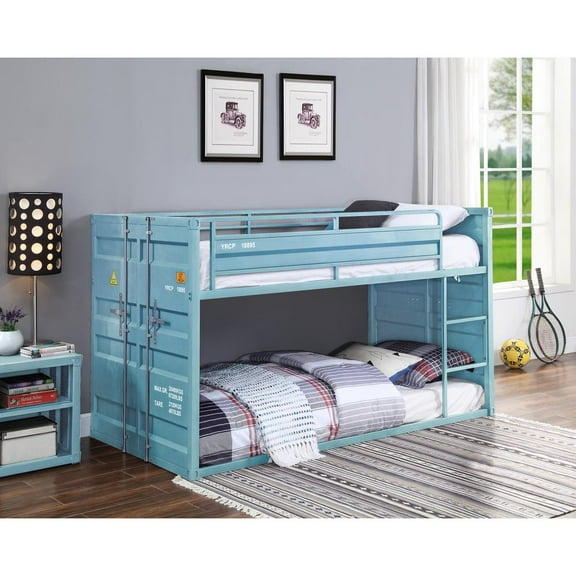 ACME Cargo Container Style Metal Twin over Twin Bunk Bed in Aqua Blue
