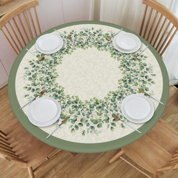 Sage Green Leaf Floral Round Tablecloth Spring Summer Watercolor Eucalyptus Leaves Table Cover with Elastic Edge Washable Fitted Table Cloth for Kitchen Patry Outdoor Decor Fits 36"-44", Small