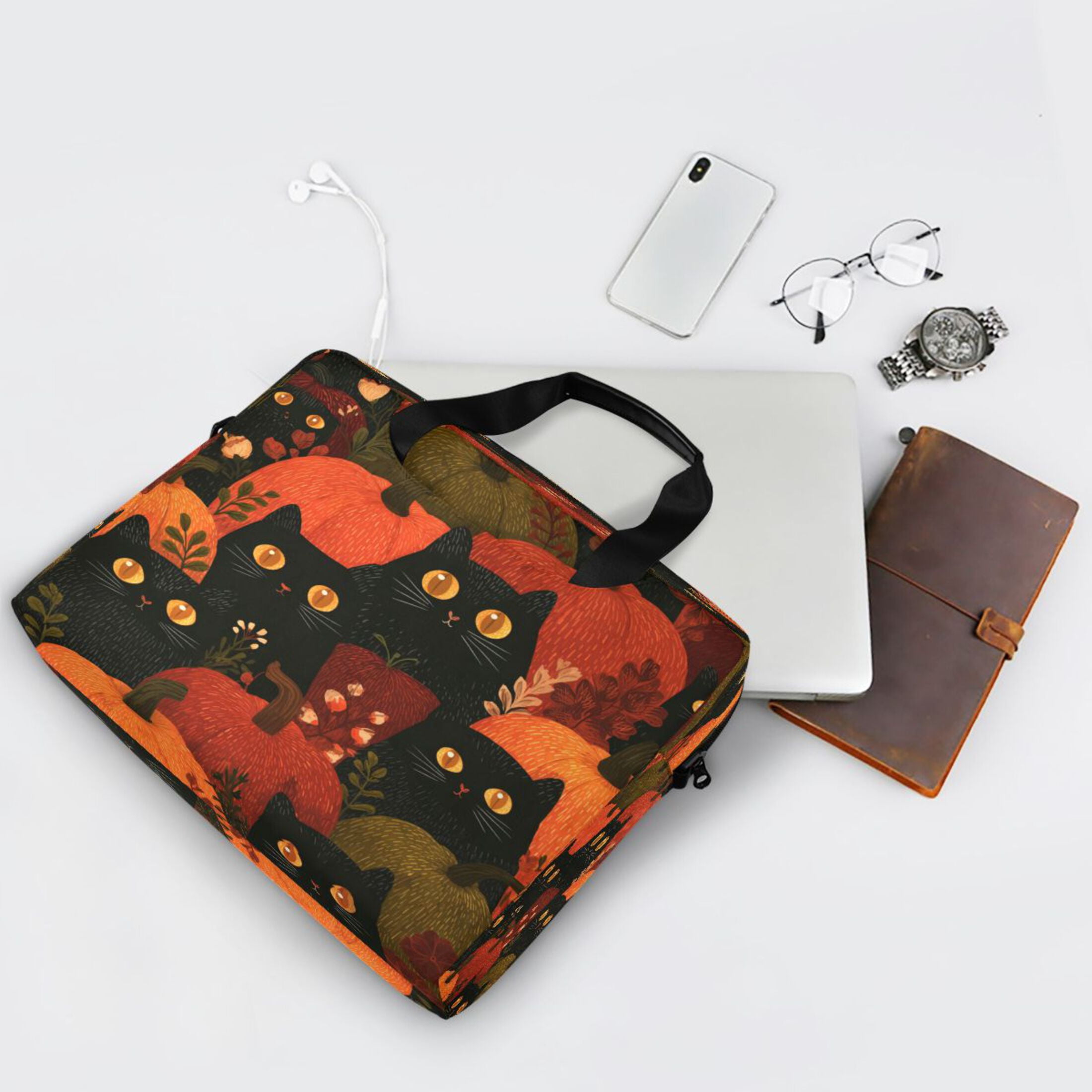 16" Laptop Tote Bag Laptop Sleeve Case Computer Briefcase for Work & Travel Black Cat Surrounded by Pumpkins