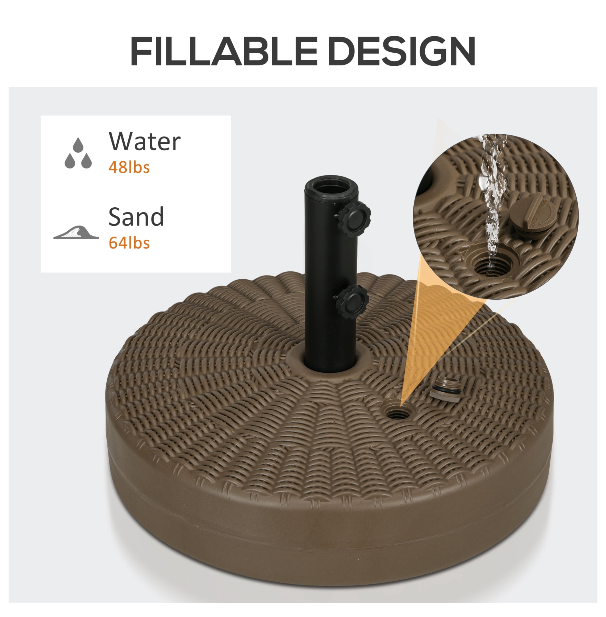 Umbrella Stand for 1.5" or 2" Umbrella Poles, Round Fillable Umbrella Base for Outdoor, Lawn, Deck, Brown