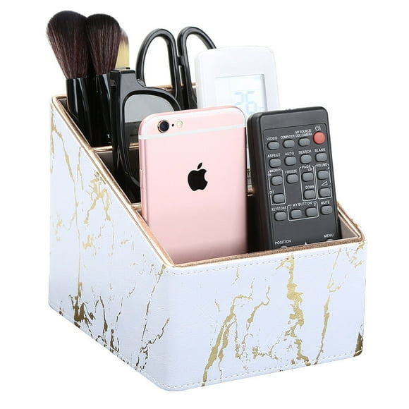 KINGFOM Support pour Télécommande, Organisateur de Bureau en Cuir PU, Caddy pour Télécommande, Boîte de Rangement pour Télécommande pour Maison, Bureau, Hôtel, Téléphone Cellulaire, Brosse, Stylo, Crayon, Télécommande CA, Chaufferette, Contrôleurs (Marbre Blanc avec Lignes Dorées)