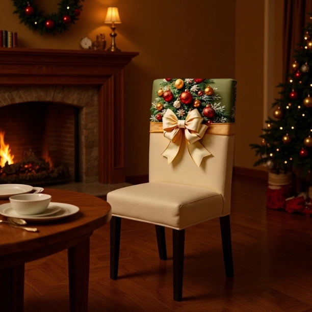 Funda elástica para taburete con lazo navideño | Protector de asiento de poliéster lavable | Funda de silla beige desmontable y antideslizante, ideal para comedor, oficina y ocio