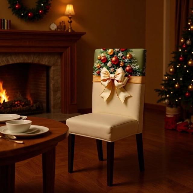 Funda para taburete con lazo navideño | Funda protectora elástica lavable | Diseño desmontable | Tejido de poliéster beige | Fácil instalación y extracción