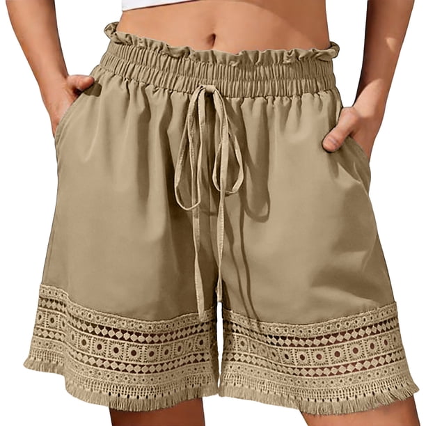 TaTaai Women's Casual Lace Bohemian Shorts High Elastic Waist Drawstring Wide Leg A-Line Pants with Hollow Out Trim Comfy Spring Summer Beach Vacation Bottoms Gift