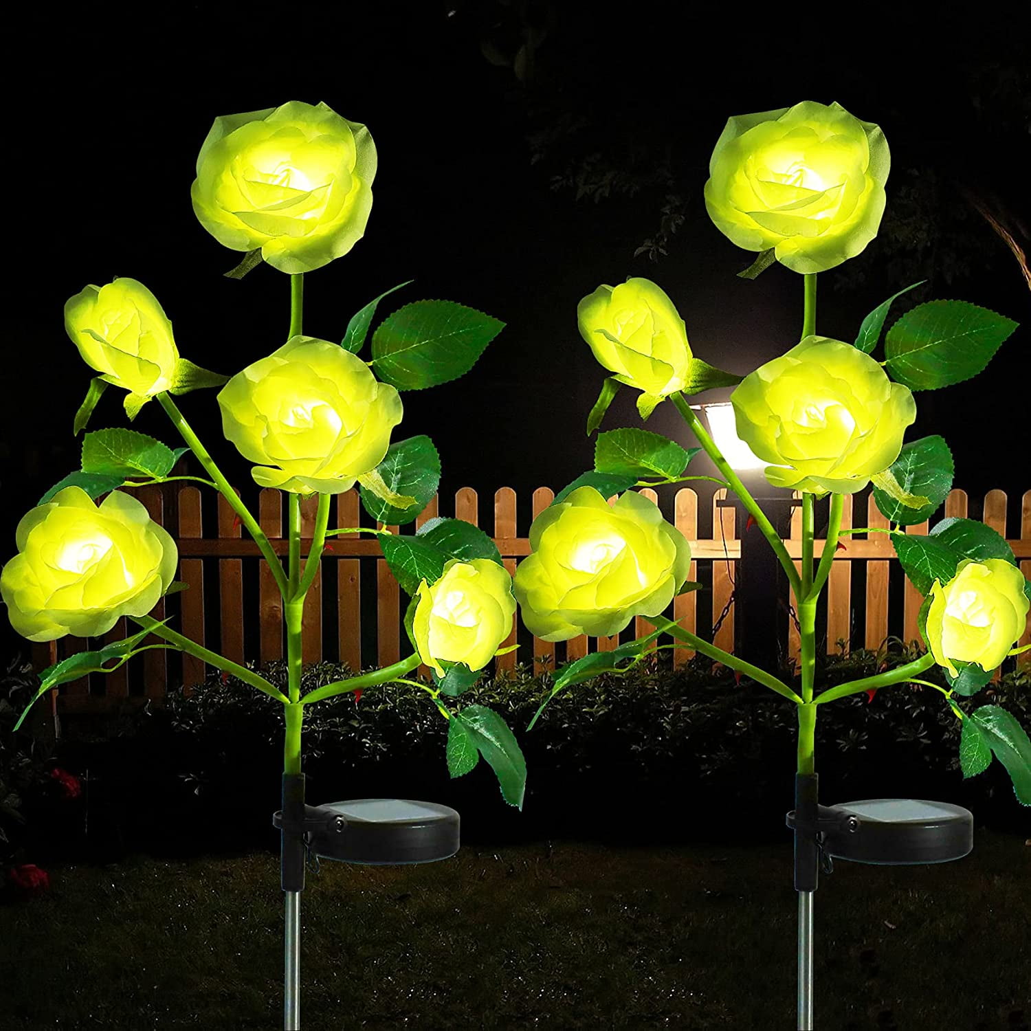 2Pack Solar Power Yellow Rose Flower LED Stake Lights Outdoor Garden Fairy Lamp 