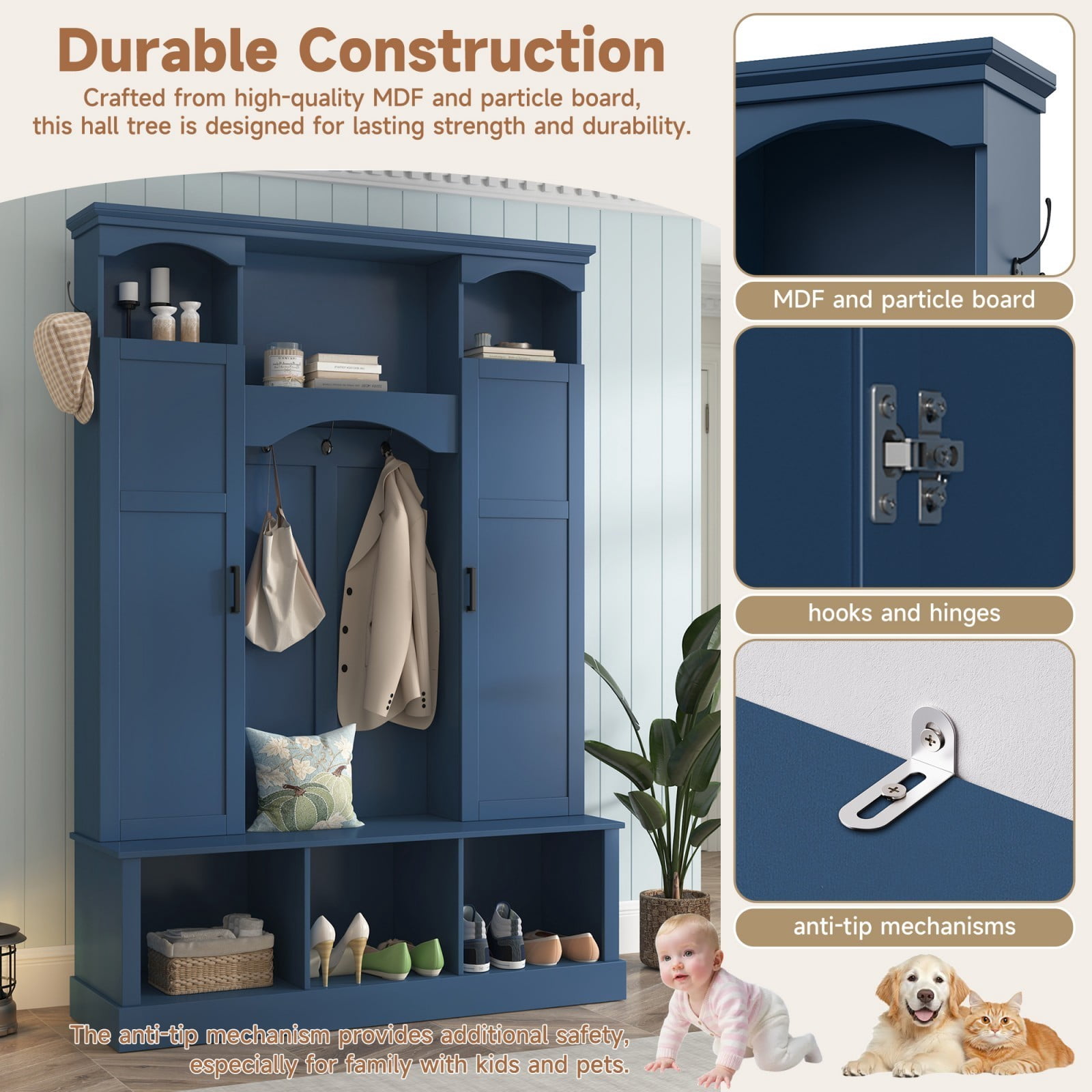Modern Farmhouse Entryway Hall Tree with Bench, All-in-One Coat Rack Shoe Storage with 2 Side Cabinets, Adjustable Shelves & 7 Hooks, Arched Hallway Organizer for Mudroom Entryway, Blue