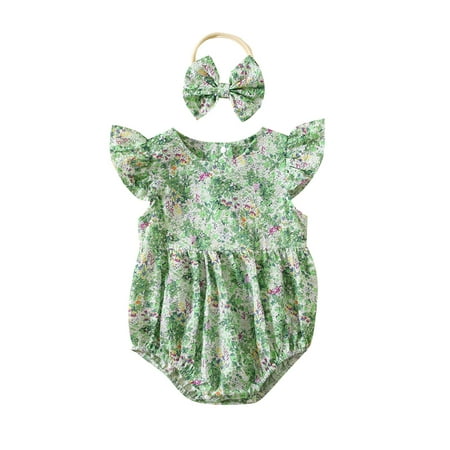 

Baby Girls Rompers Flying Sleeve Floral Printed Romper Jumpsuits+ Headbands Casual Sunsuits Outifts